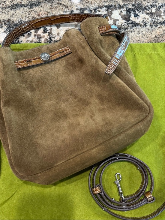 Tory Burch Handbags - Tory Burch Olive Brown Suede Shoulder Bag with Croc Trim